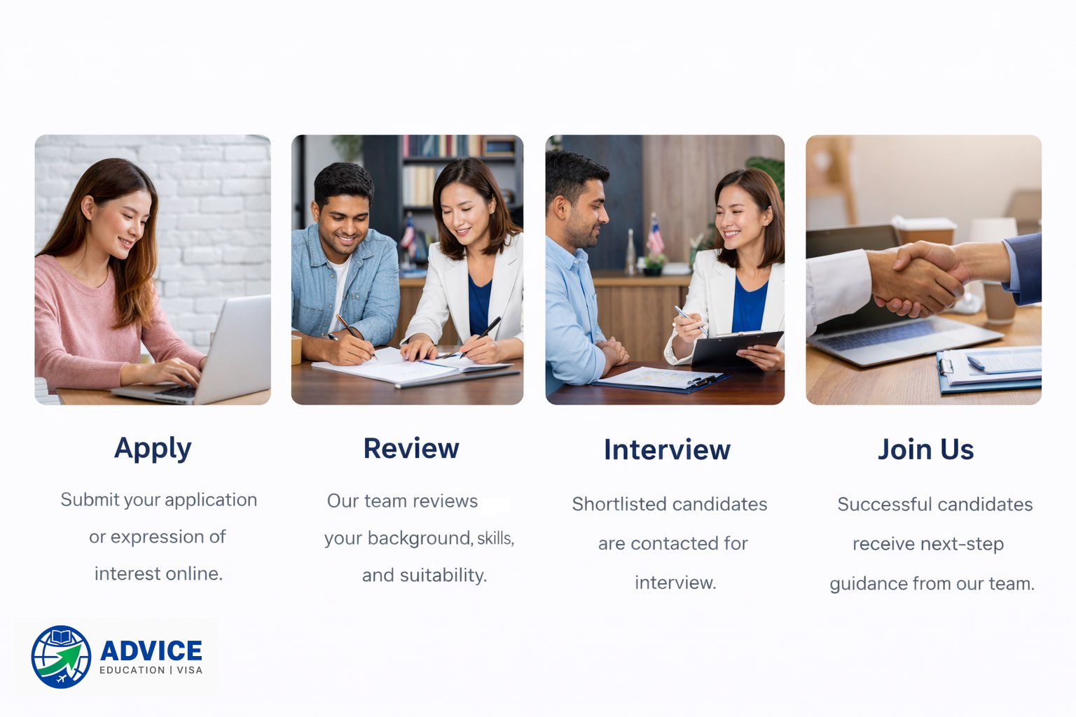 Hiring process at Advice Education & Visa Services showing apply, review, interview and join steps