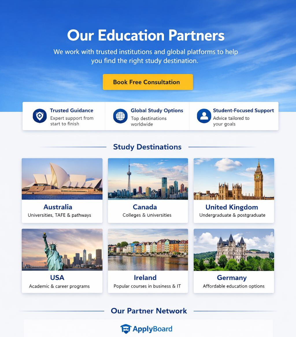 Our Education Partners page showing study destinations Australia Canada UK USA Ireland Germany by Advice Education and Visa Services